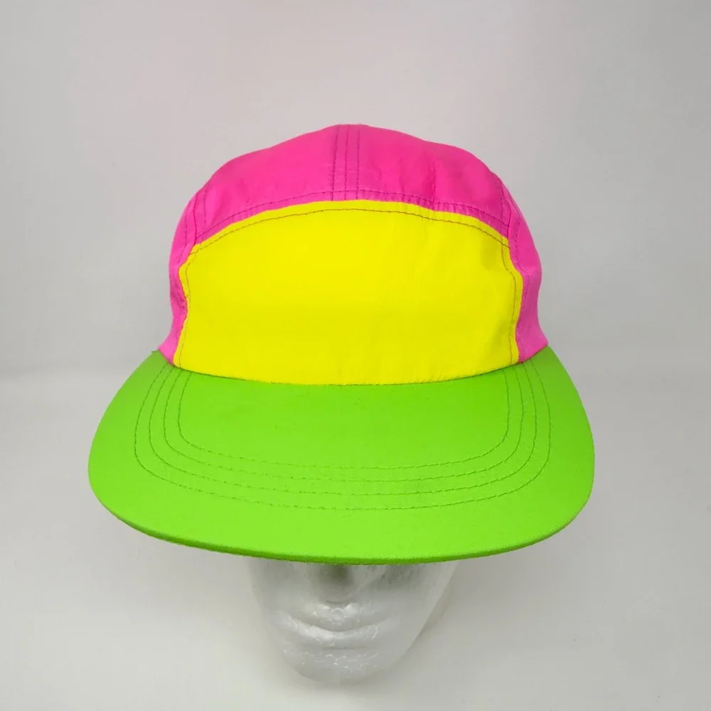 Neon Colorblock 5 Panel Camper Hat Pink Yellow Green Adjustable Retro 90s‎ Cap